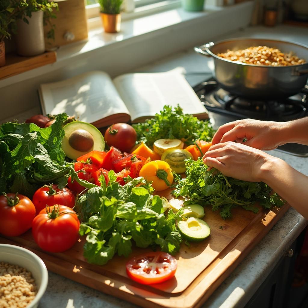 Fresh vegetables and whole grains arranged on a kitchen counter for balanced meal preparation