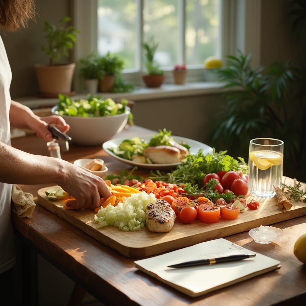 Food education advisor reviewing a meal planning notebook with a participant at a bright table